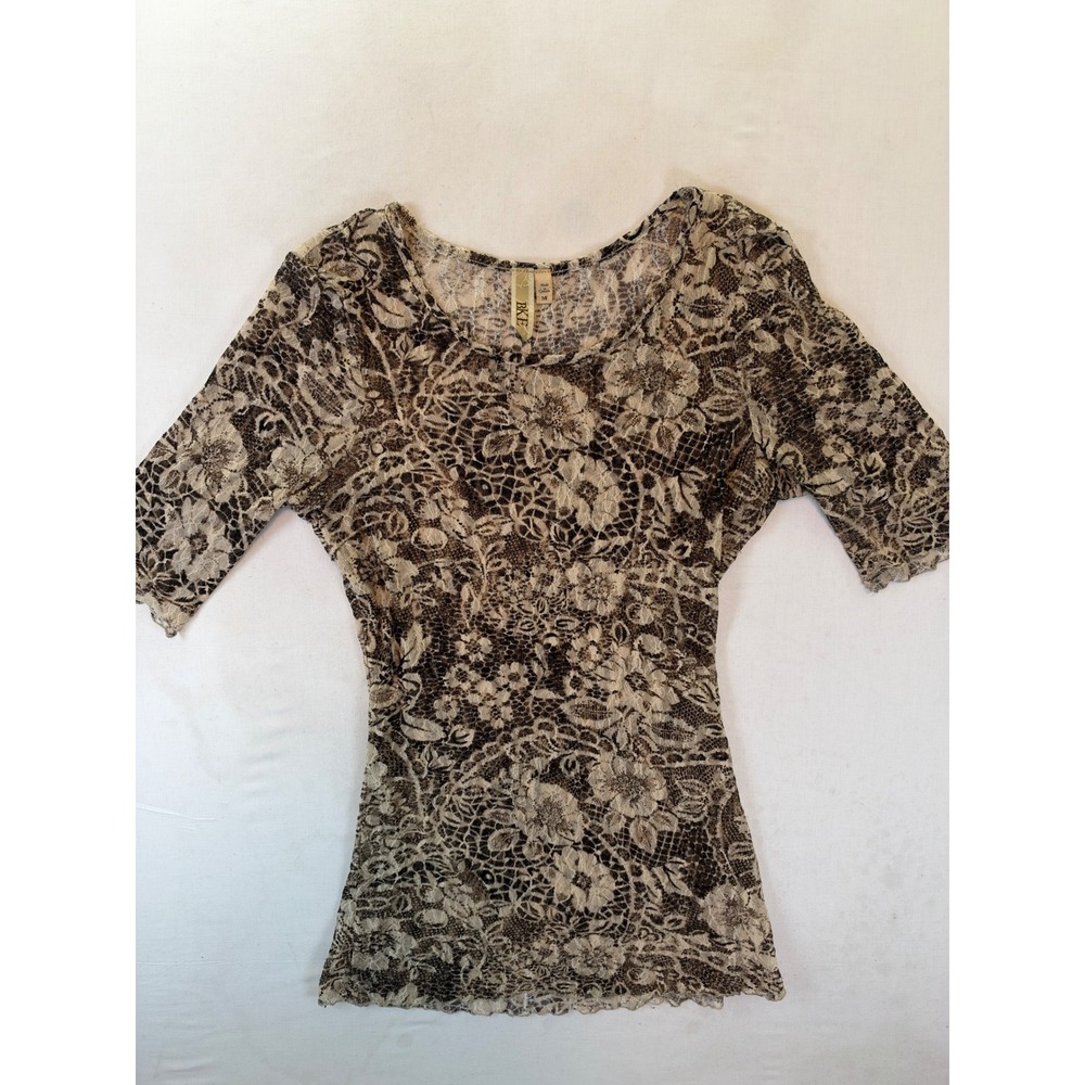 BKE Floral Lace Mesh Top Brown Taupe Short Sleeve Scoop Neck UP509TB Size M